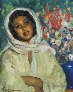 jeune femme avec un genre de bouquet de fleur Araber Peinture à l'huile
